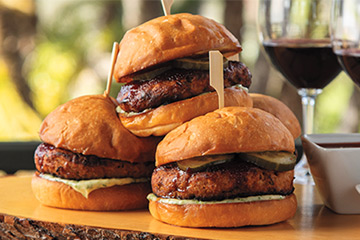 Smoked Turkey Burgers with Cabernet BBQ Sauce, Spicy Pickles and Herb Aioli
