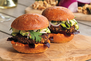 Summer Garden Veggie Burger with Yeasted Corn Buns, Shaved Zucchini and Red Onion 